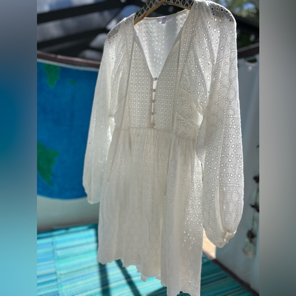 Aeom White Eyelet Long Sheer Puffy Sleeve Dress Small Feminine & Flirty